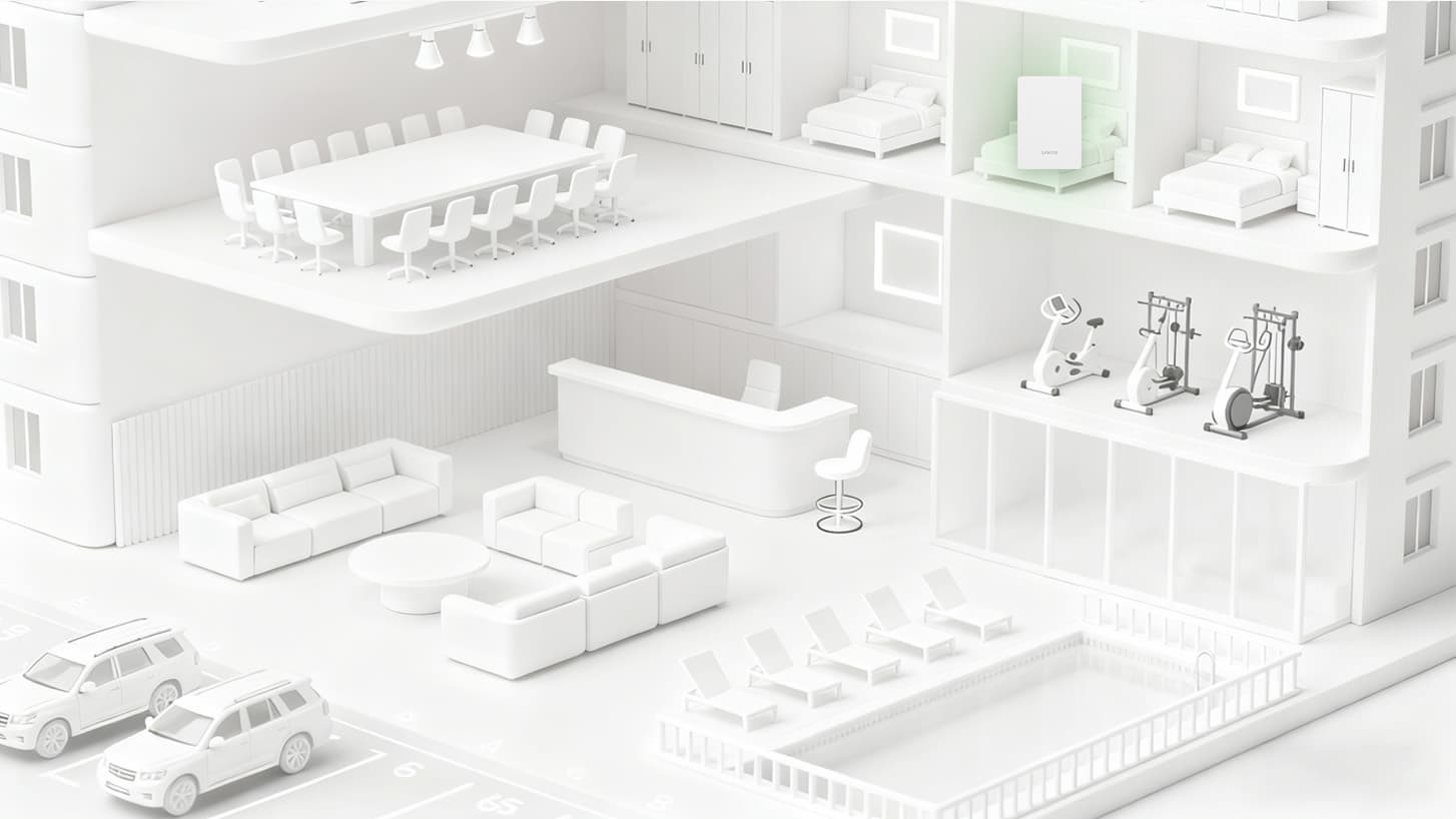 Hotel network layout with room access points and guest Wi-Fi